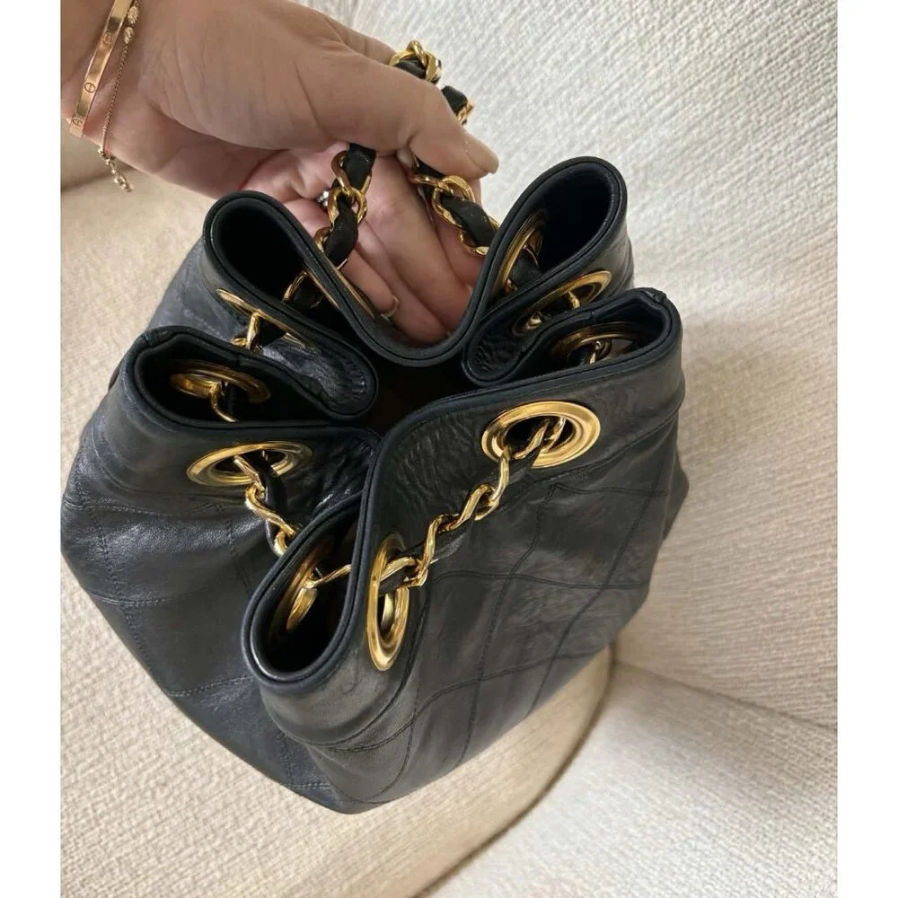 Authentic Vintage Chanel Bucket Bag Black Lambskin 24K Gold Hardware
