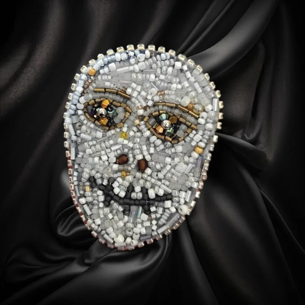 Unique Murka Handcrafted Beaded Skull Face Brooch Cream White and Gold