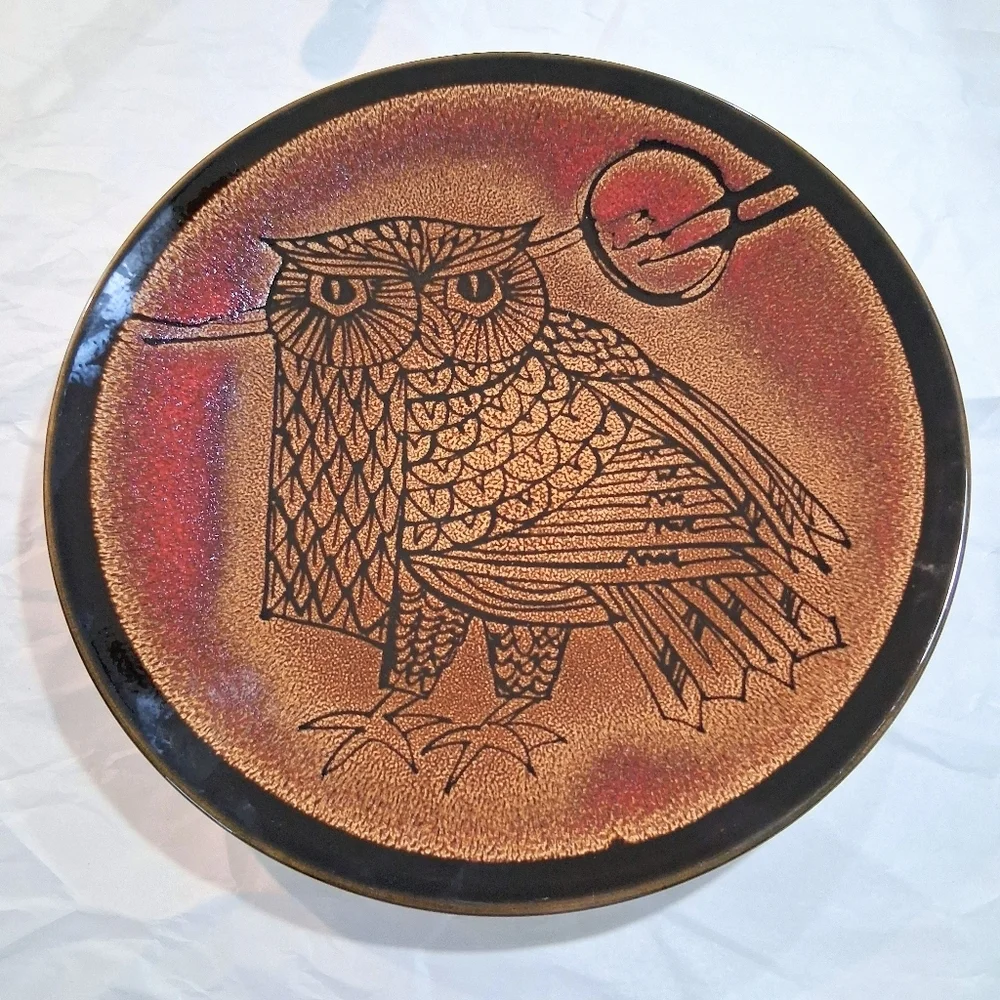 Vintage Poole Pottery Aegean Owl Carolyn Wills Charger Full Harvest Moon Large