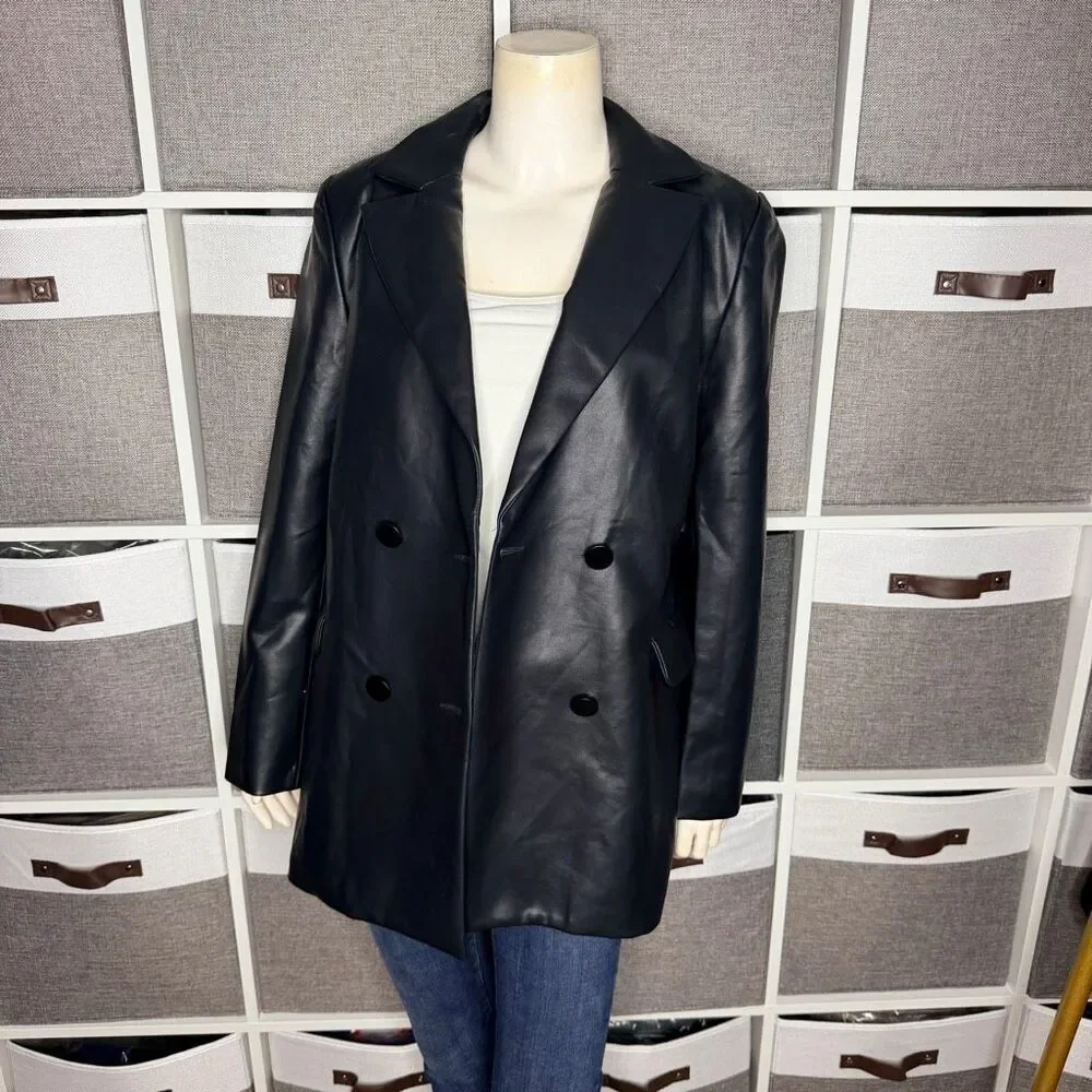 Akira Double Breasted Vegan Leather Blazer Jacket Size Large