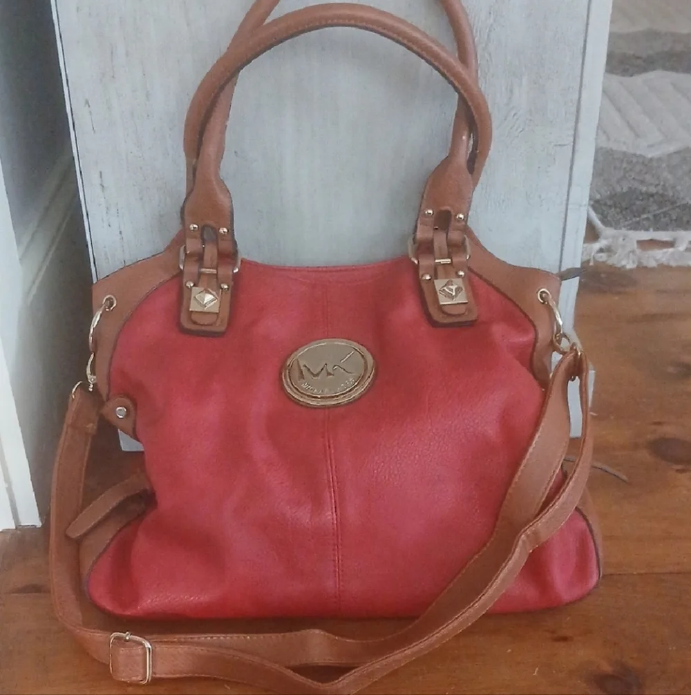 Michael Kors Red and Tan Shoulder Bag with Metallic Accents Double Handles