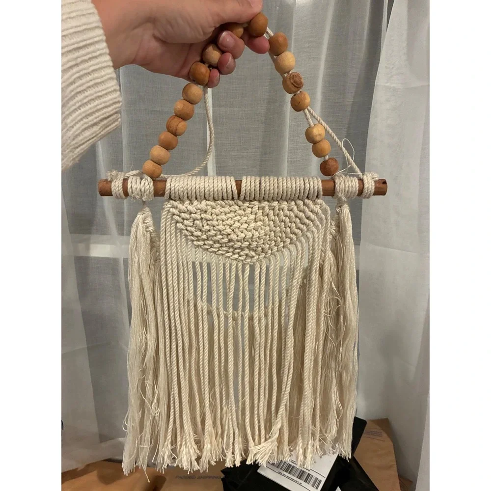 Boho Macrame Wall Hanging Cream Cotton Fringe Tapestry with Wood Beads 12x20