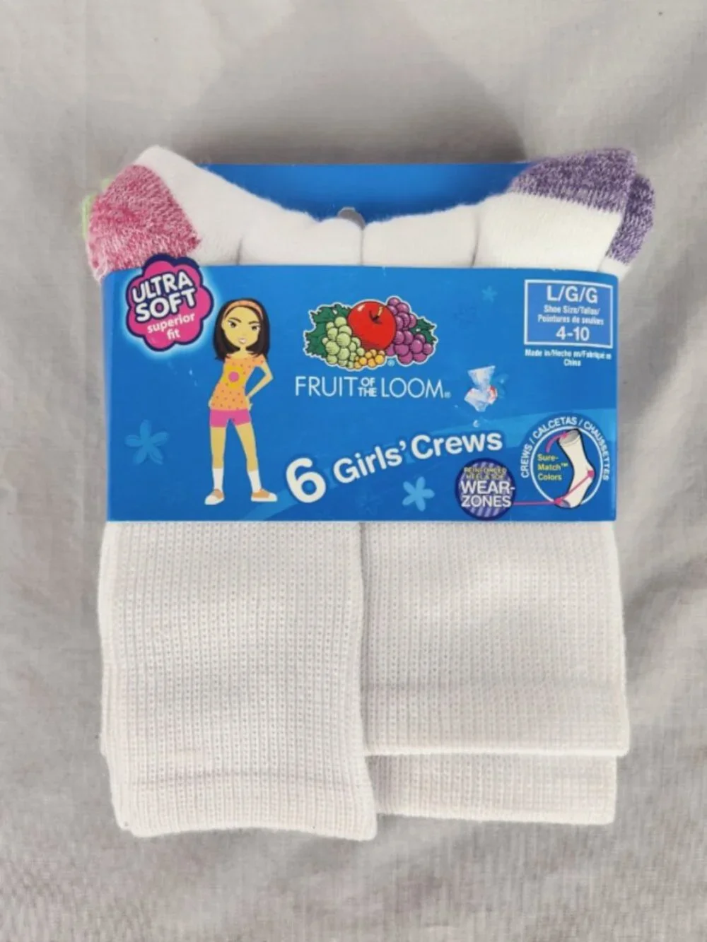 NWT Fruit Of The Loom Girls L Crew Socks Ultra Soft 6 Pairs Multicolor Heel Toe