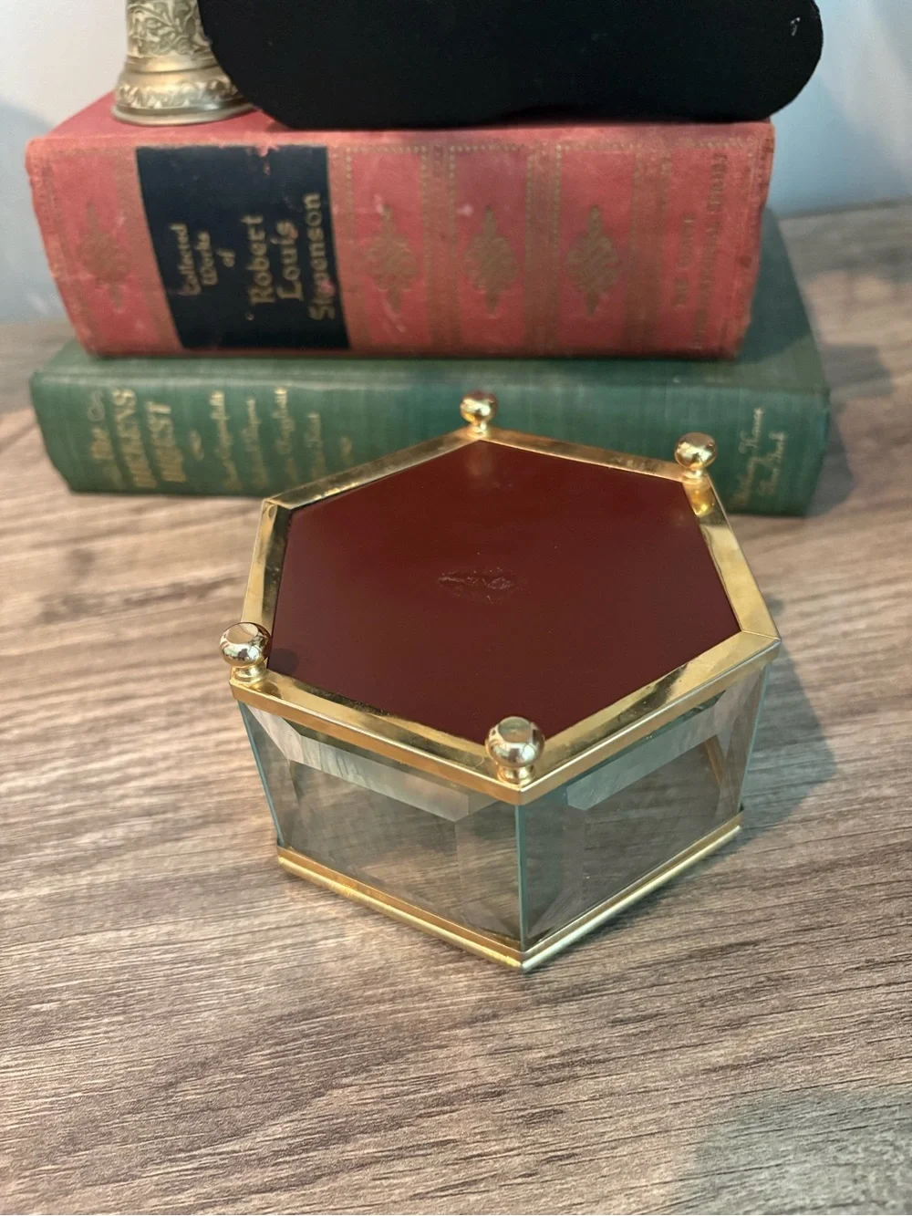 Glass Hexagon Jewelry Box with Gold Trim - Snowflake Engraving, Clear