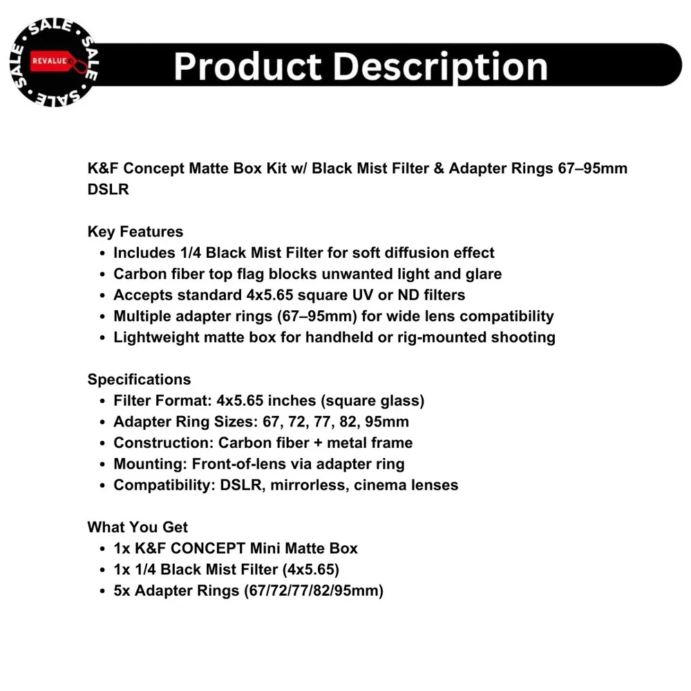 K&F Concept Matte Box Kit‎ w/ Black Mist Filter & Adapter Rings 67–95mm DSLR