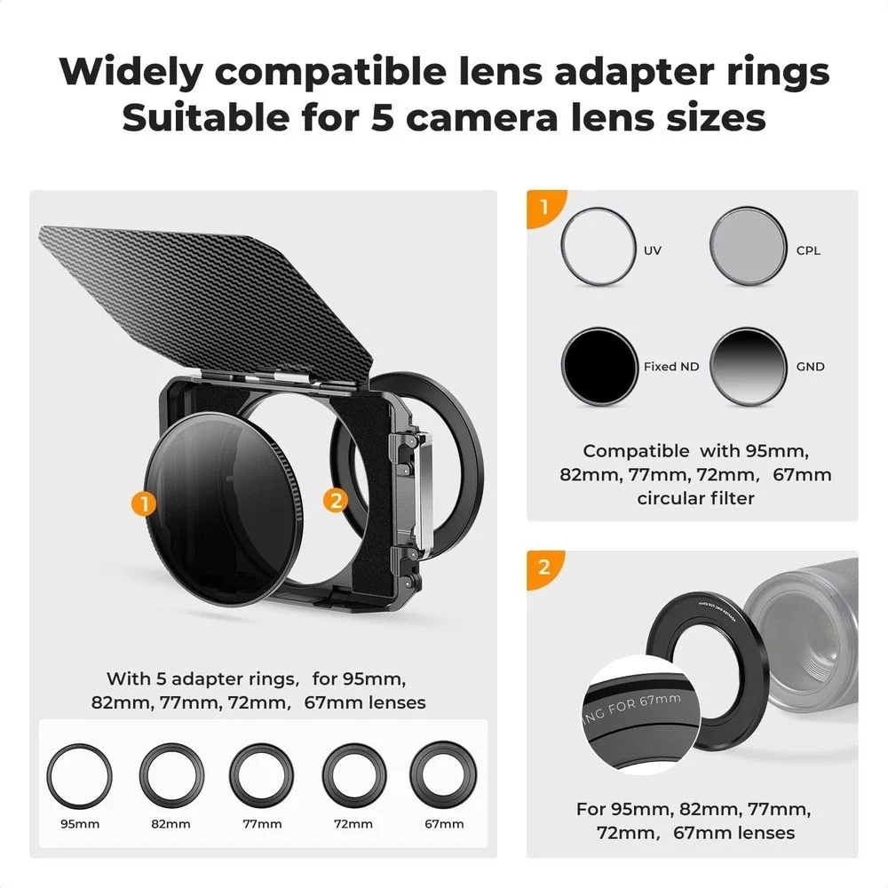 K&F Concept Matte Box Kit‎ w/ Black Mist Filter & Adapter Rings 67–95mm DSLR