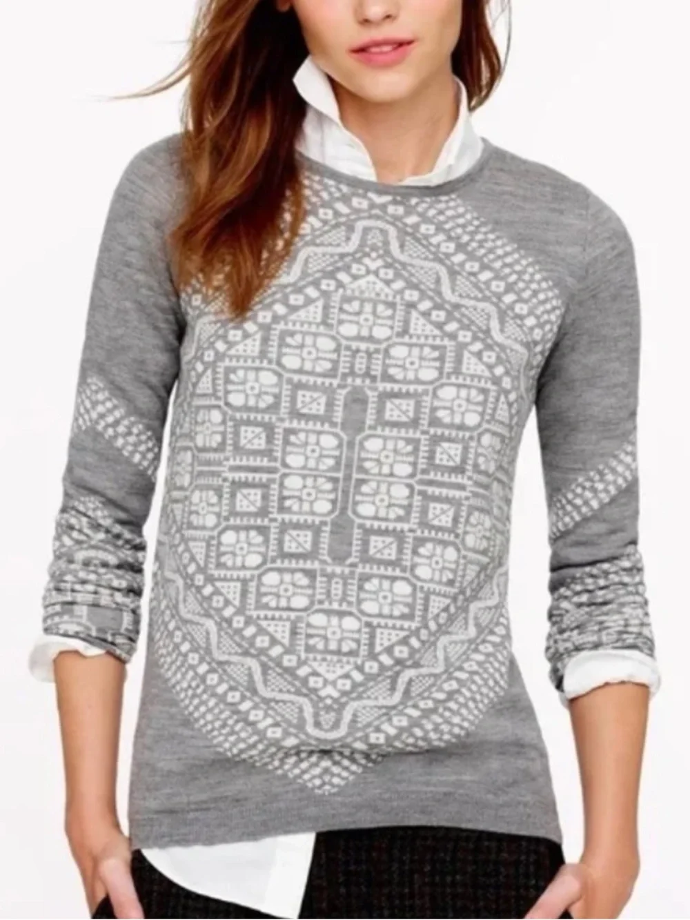 J.Crew Women’s Merino Wool Sweater Pullover Fair Isle Gray White Size S.