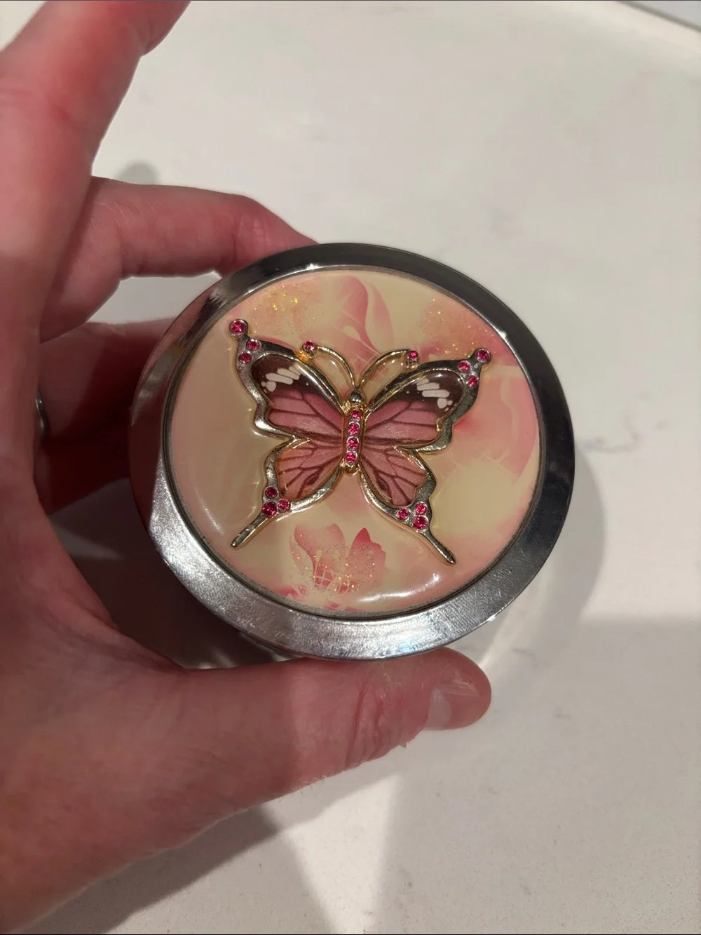 Butterfly Compact Trinket Box - Pink and Silver