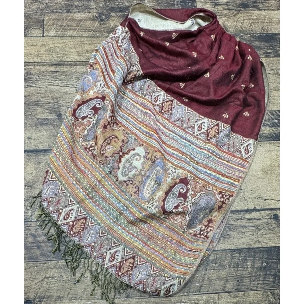 Vintage Style Knit Burgundy‎ Gold Pashmina Scarf Wrap Shawl