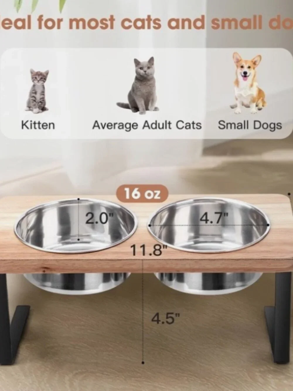 Elevated Double Cat Dog Bowls Wooden 15° Tilted Raised Stand Stainless Steel