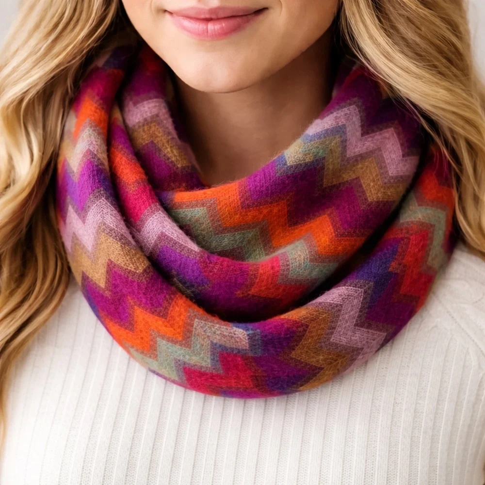 Dillard’s chevron print scarf, colorful, purple & orange