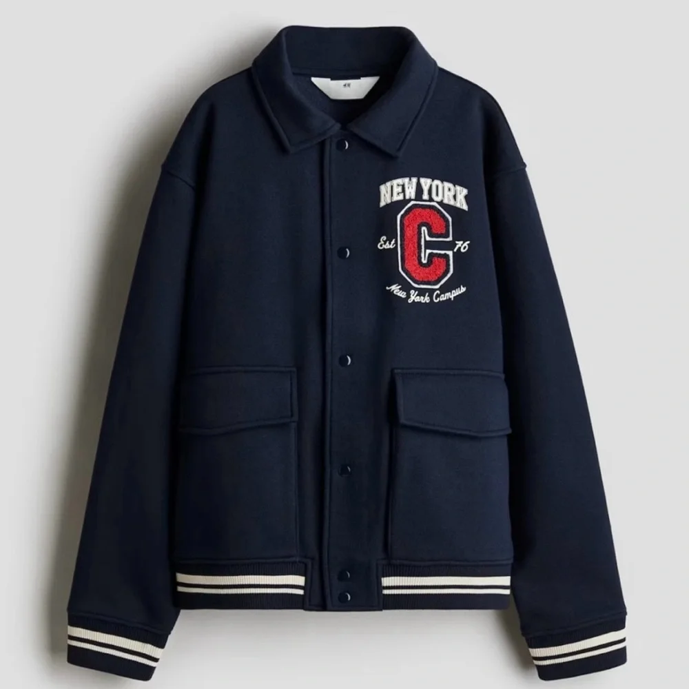 H&M Kids Boys Navy Varsity Sweatshirt Jacket with New York Patch Size 12/14 NWT