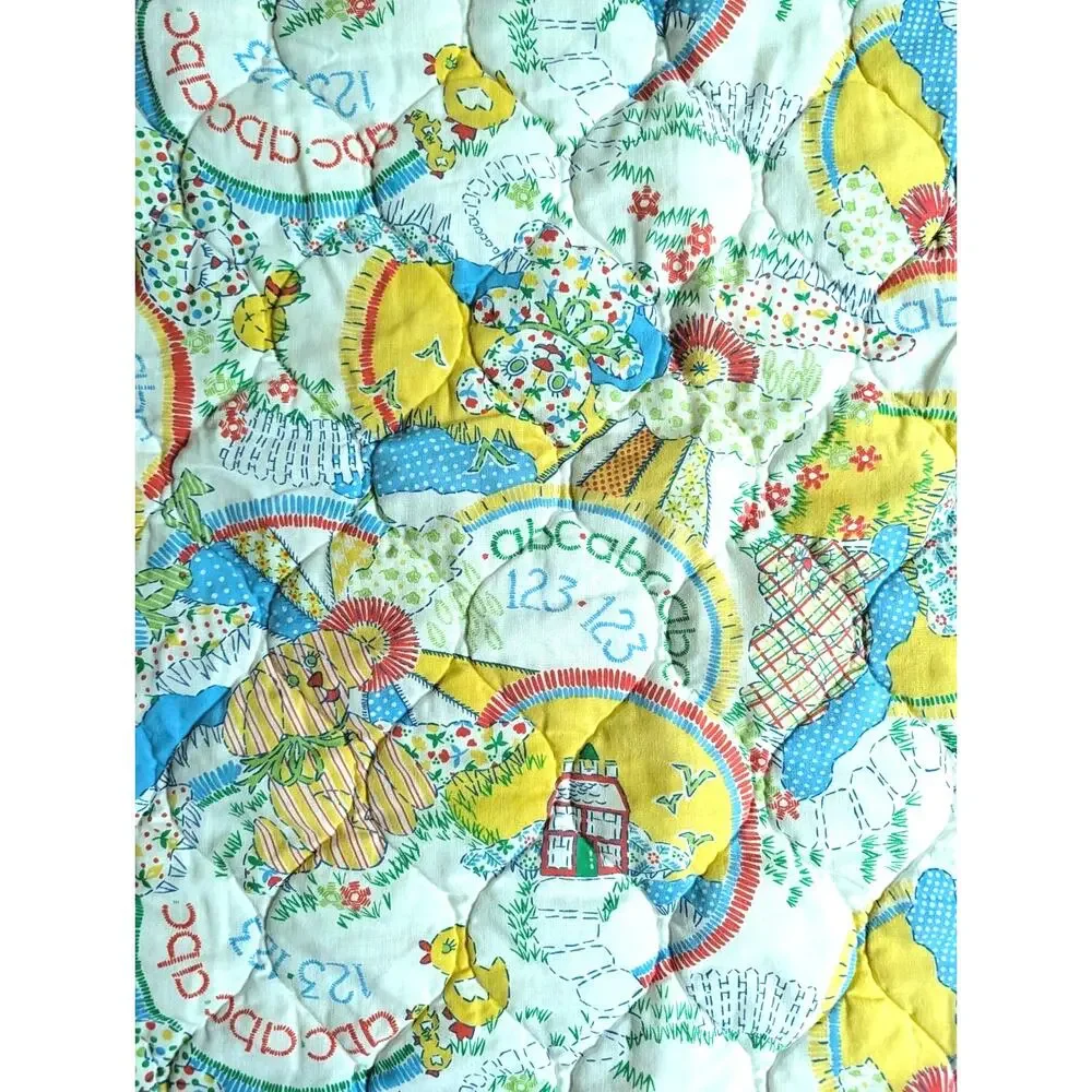 Vintage 80s 90s Sears Roebuck Baby Blanket ABC 123 Puppy Striped Floral Quilted