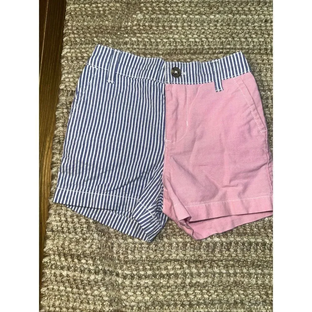 Ralph Lauren asymmetrical blue and white pin stripe and pink color block shorts
