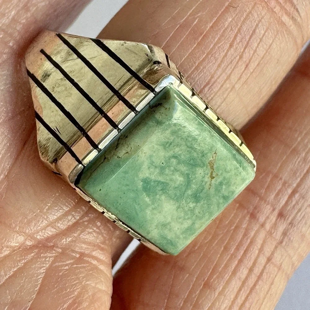 Navajo #8 Mine Turquoise Mens Ring Sz 12 Rectangle Signed Jack Sterling 14mm