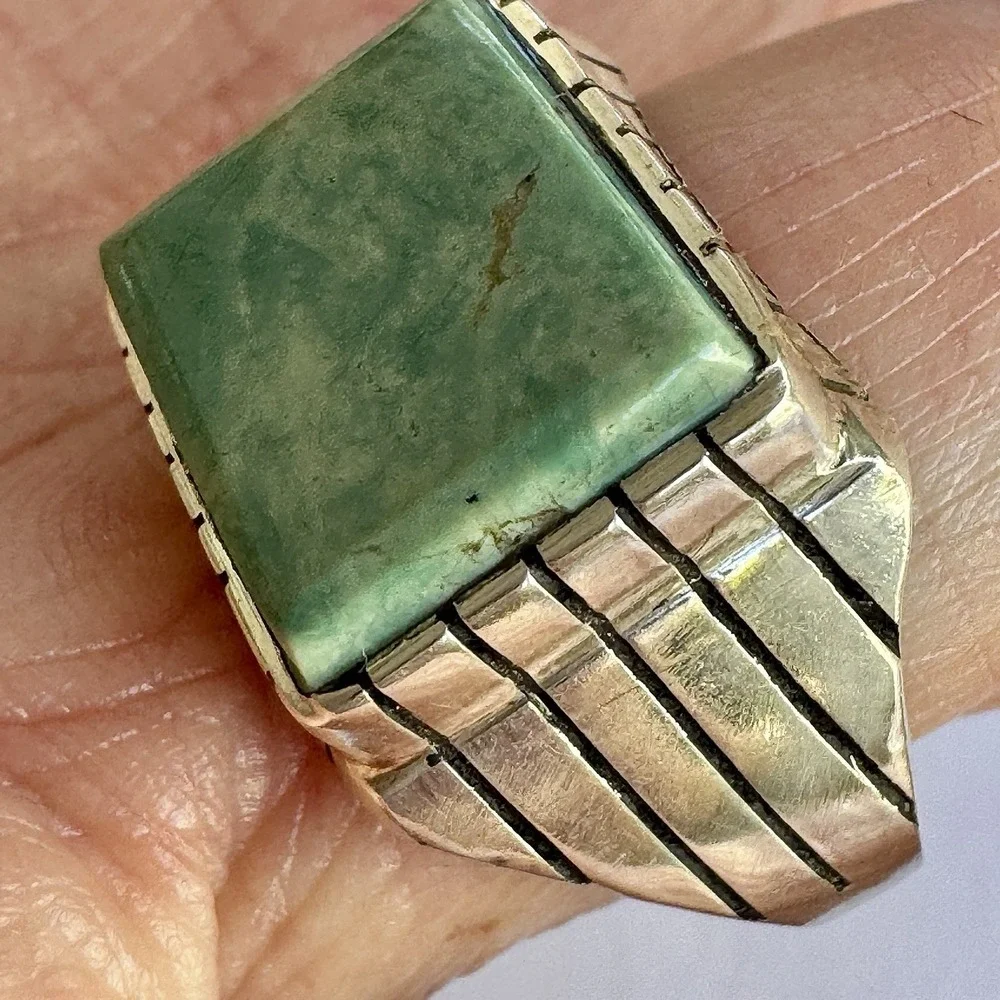 Navajo #8 Mine Turquoise Mens Ring Sz 12 Rectangle Signed Jack Sterling 14mm
