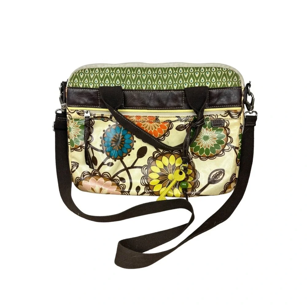 FOSSIL Key Per Gray Canvas Coated Glossy Flower Scene Messenger‎ Laptop Bag