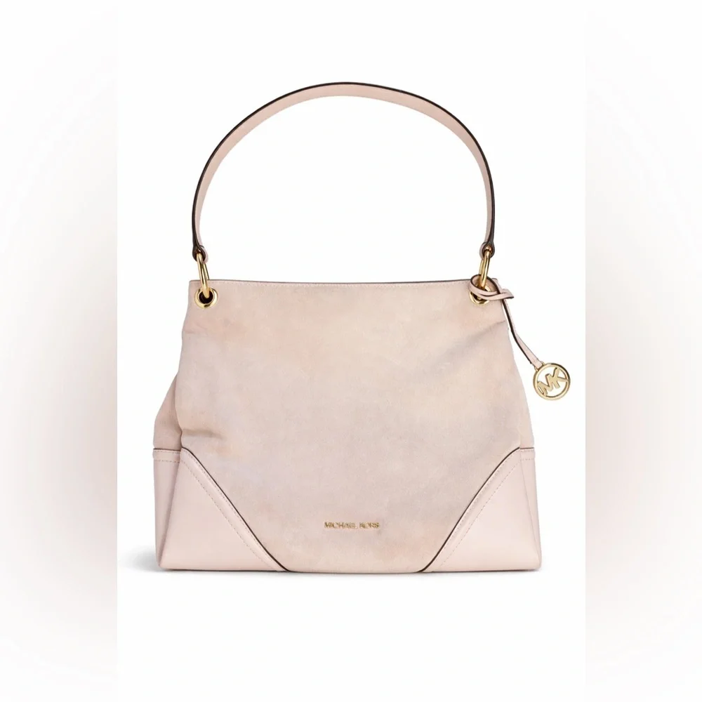 Michael Kors Nicole Medium Shoulder Bag Beige gold hardware leather suede