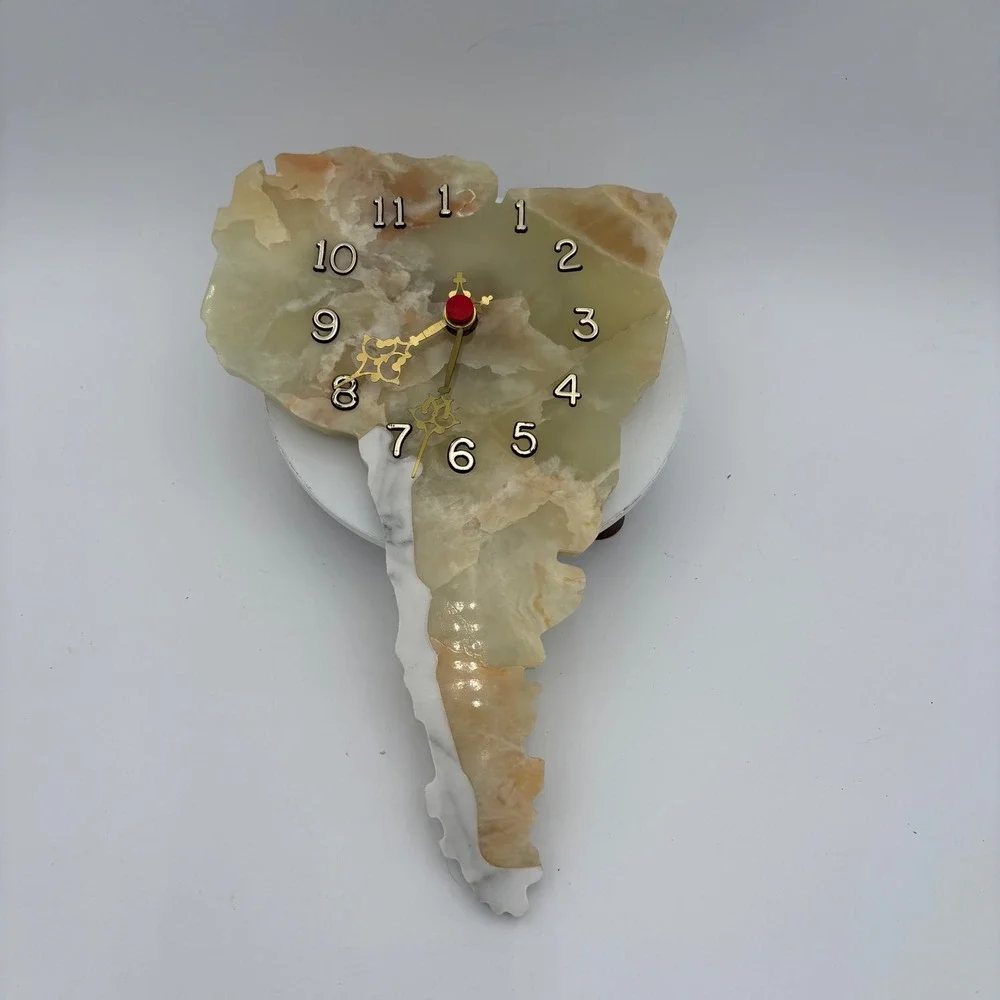 Natural Onyx Stone South America Wall Clock Gold Hands Red Accents‎