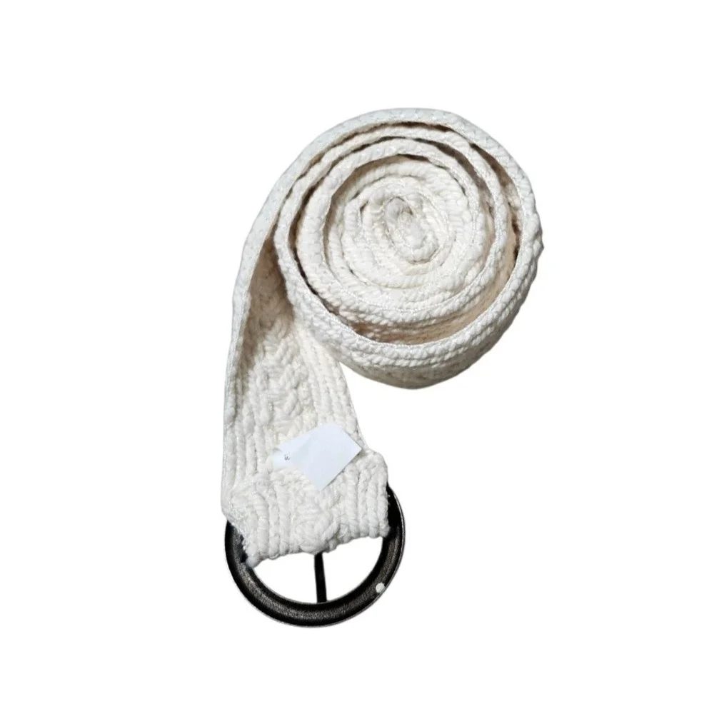 Boutique Cream Woven Braided Cloth Belt Size 14 Circle Buckle 42 Inch Boho White