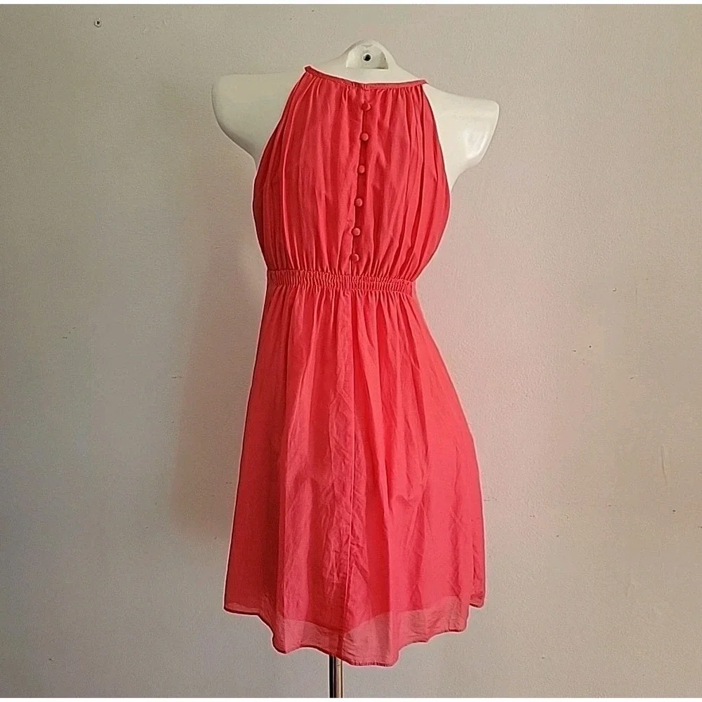 Esley Silk Blend Dress Coral High Neck Chic Cocktail Fairy Feminine Mod Romantic