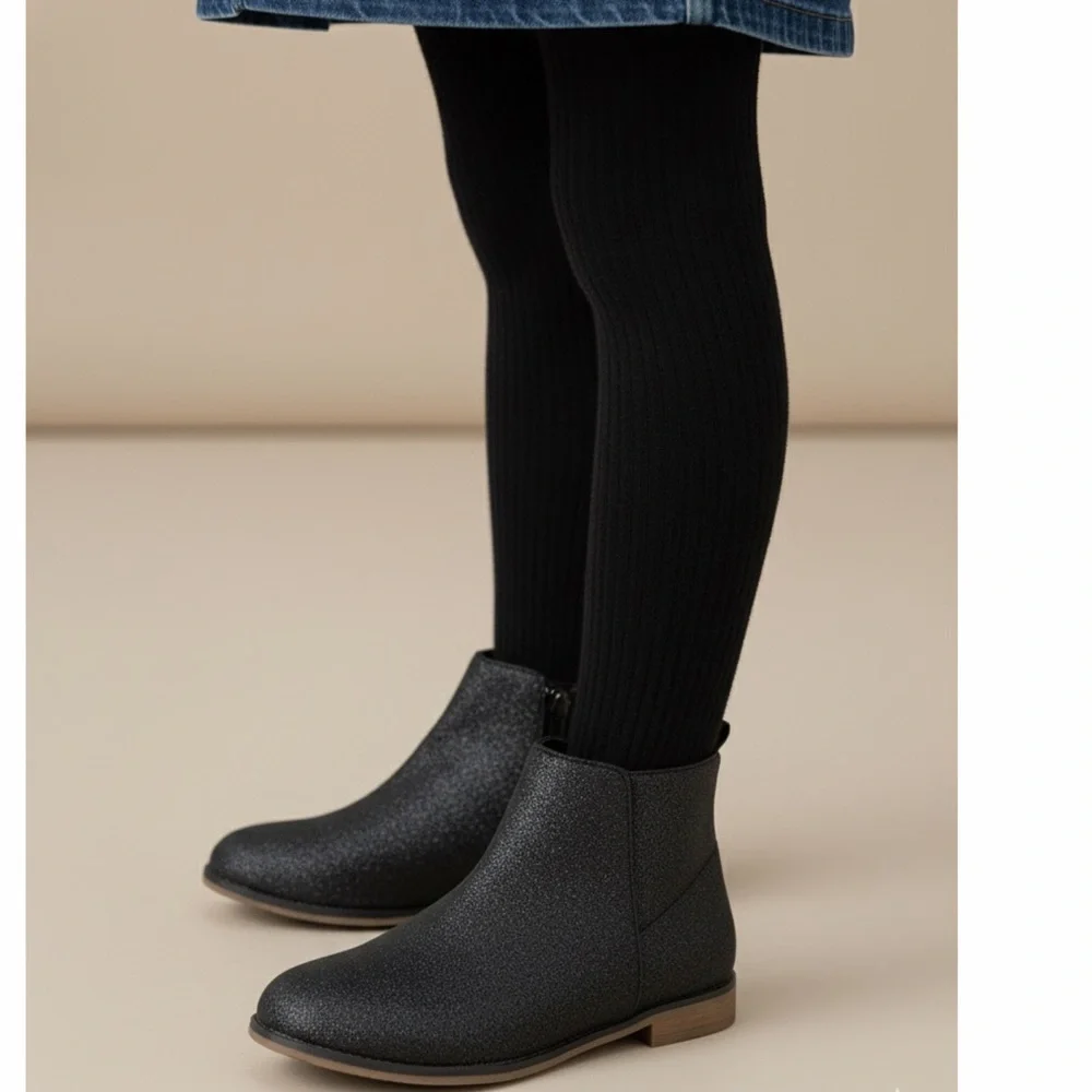 Cat & Jack Girls Black Glitter Ankle Boots‎ Size 4 | Zip Side Sparkle Booties