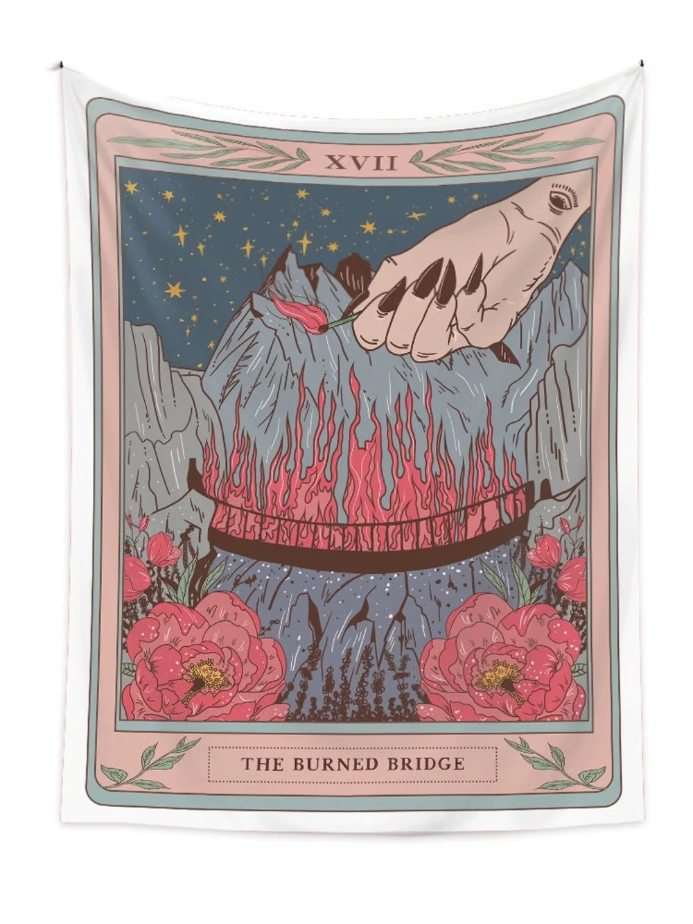 The Burned Bridge Wall Tapestry in Pink and Blue