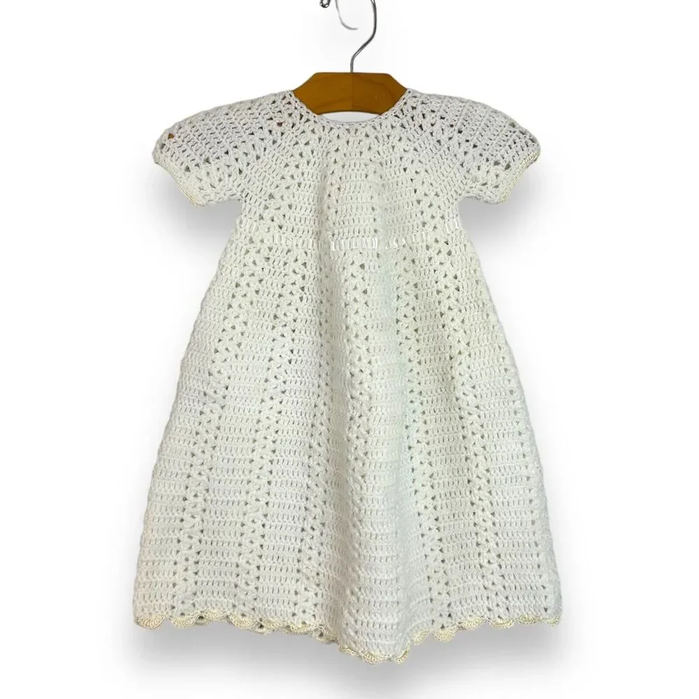 Infant Baby Christening Baptism Gown Dress Handmade Crochet Vintage Ribbon Tie