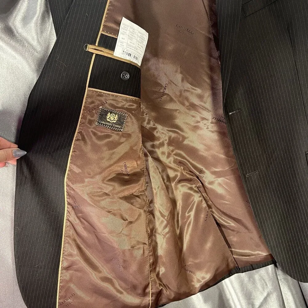 Caravelli 2-Pc Men's Suit Black Pin Superior 150s Blazer 44R Pants‎ 38x44 FLAWS