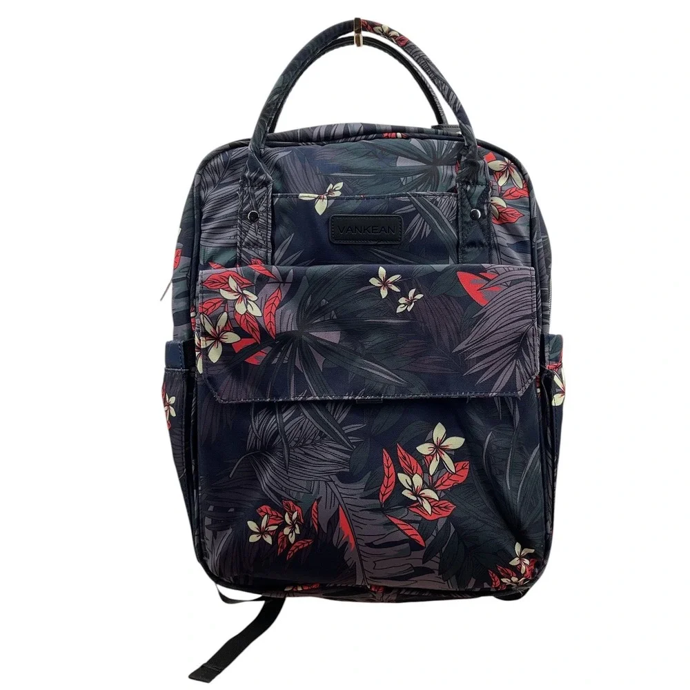 VANKEAN Laptop Backpack Tropical Floral Navy Blue USB Port Travel Work Bag 17in