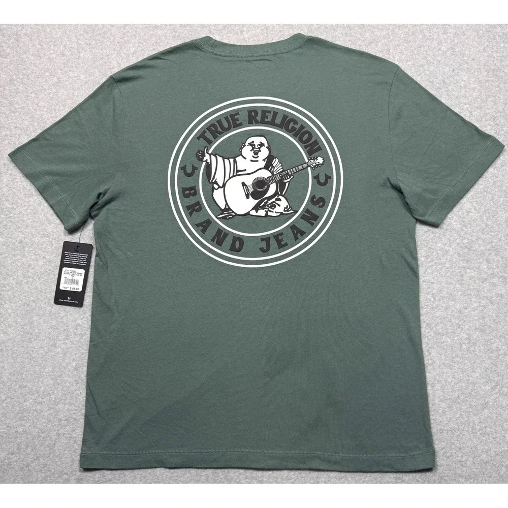 True Religion Shirt Mens Large Green Buddha Logo Seal Short Sleeve Tee *