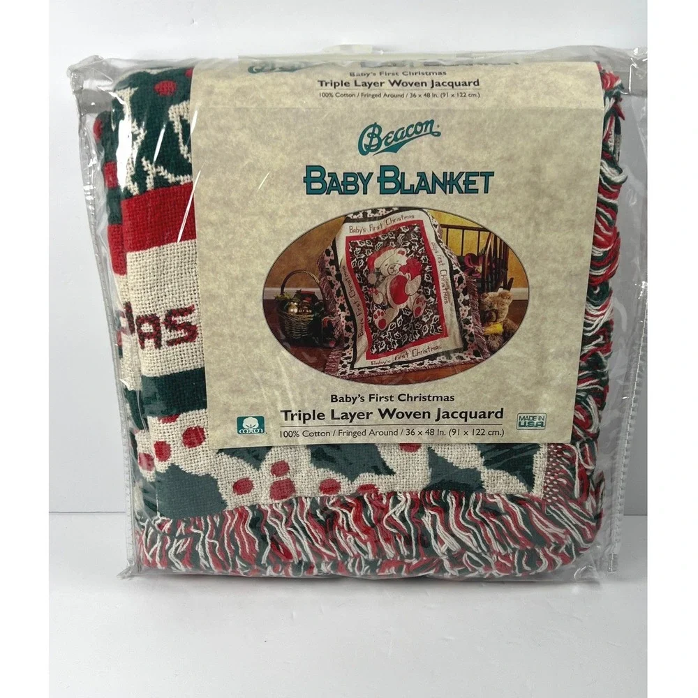 Beacon Baby Blanket 36x48 Red Green NEW First Christmas Woven Jacquard Throw