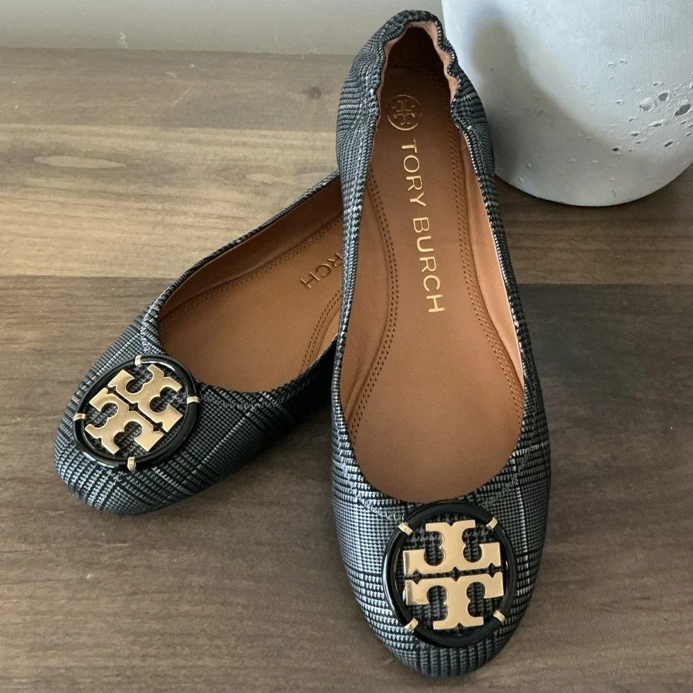 Tory Burch Multi Logo Elastic Prince Of Wales Ballet 7 EUC!