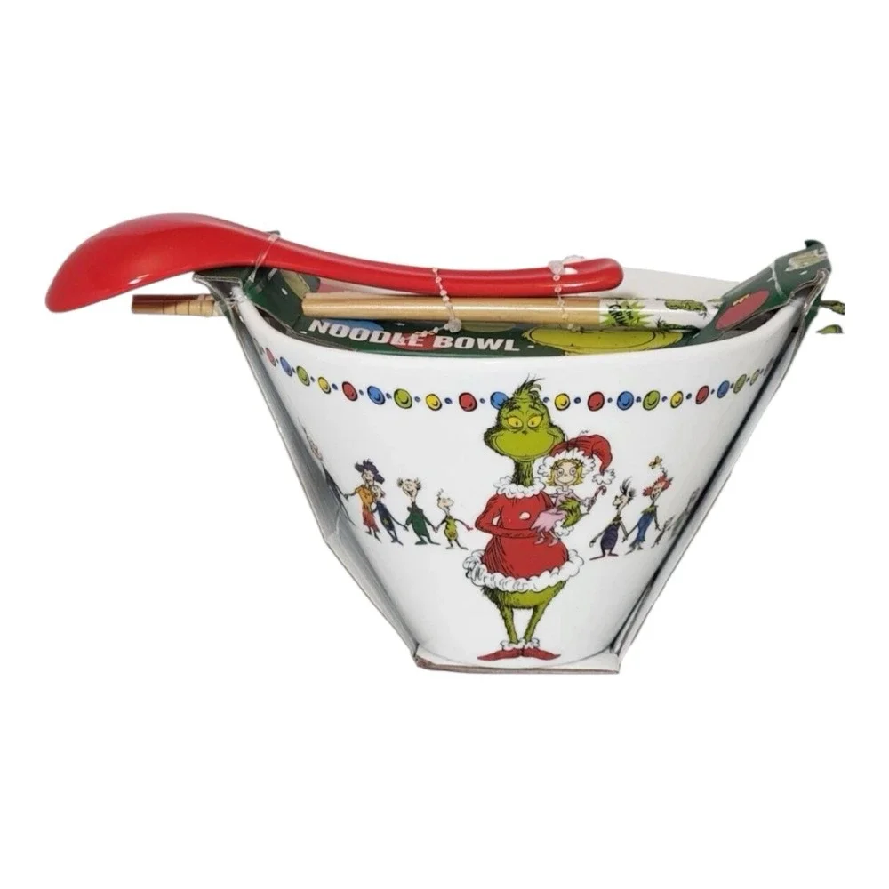 Dr Seuss Grinch Ceramic Noodle Bowl w/ Chopsticks Christmas Holiday NEW Gift