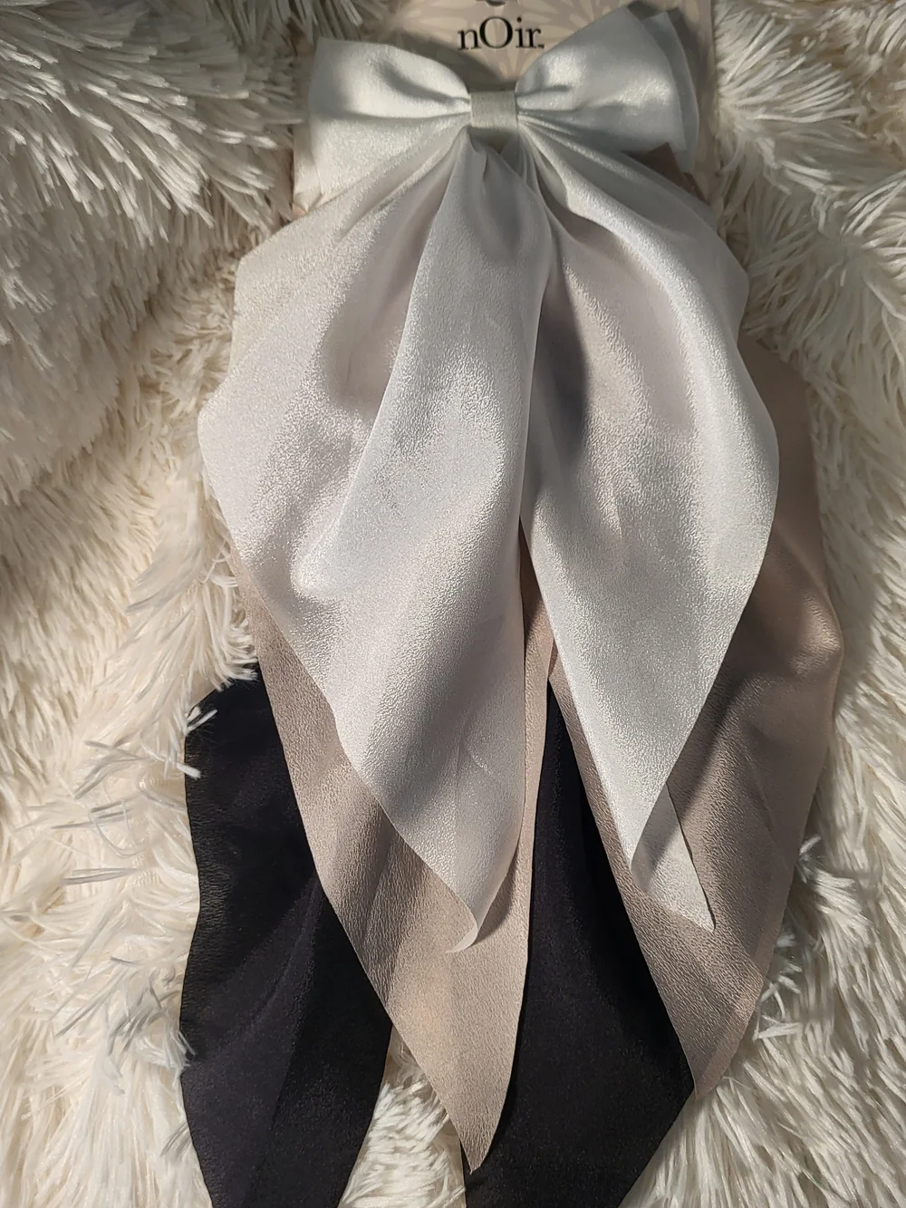 nOir  Satin Bow Scarf - Ivory, Taupe & Black
