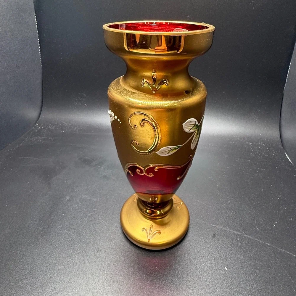 Bohemia Crystal Ruby Red Glass Vase Gold Hand Painted Floral 6.75in Czech