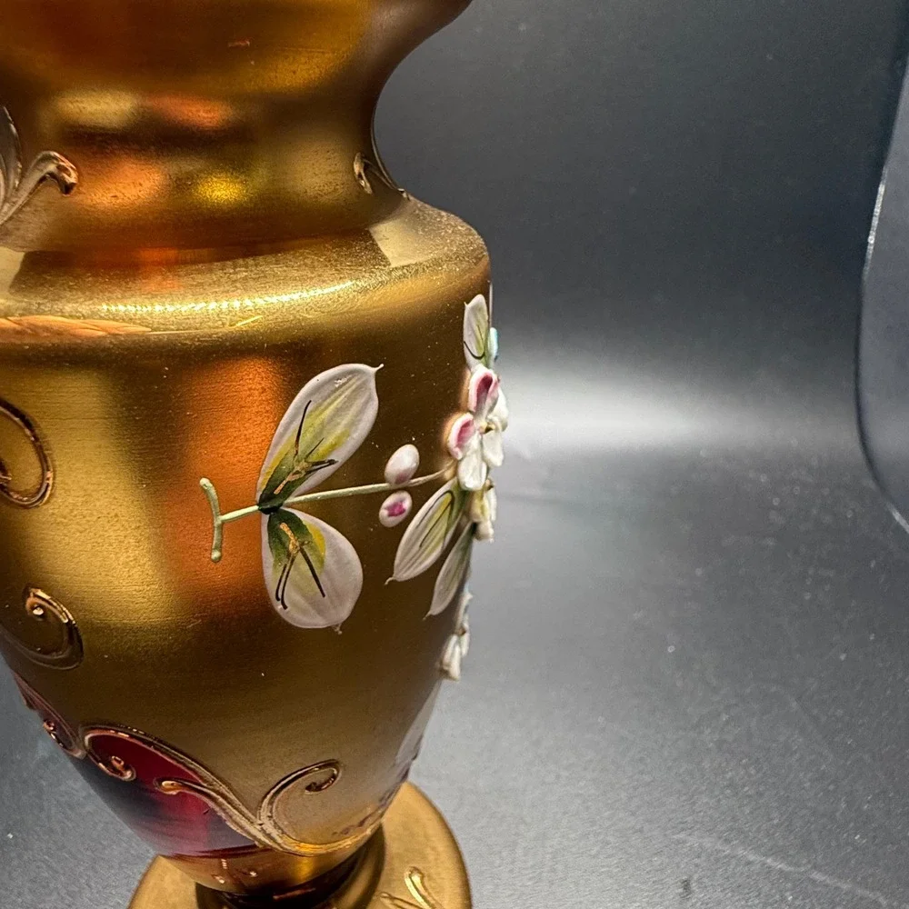 Bohemia Crystal Ruby Red Glass Vase Gold Hand Painted Floral 6.75in Czech