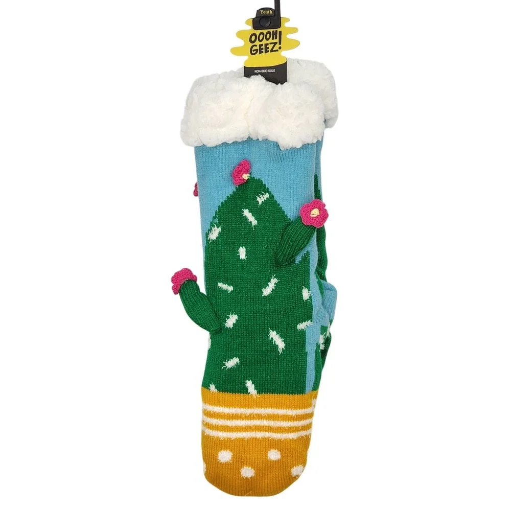 NWT Ooh Geez Youth Cactus Hugs Cozy Non Skid Sole Slipper Socks Youth Size