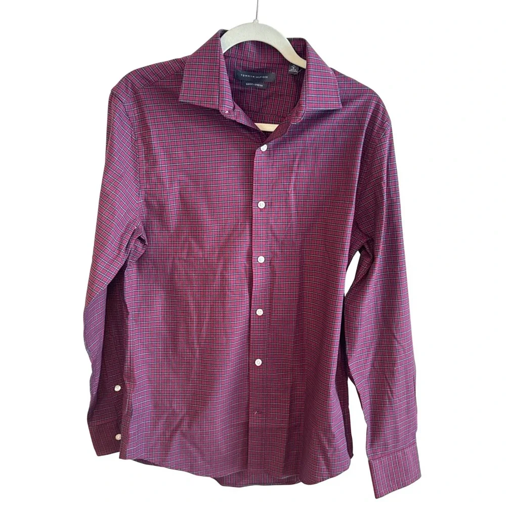 Tommy Hilfiger Mens Slim Fit Stretch Dress Shirt Cherry Red Plaid 15 32/33 M NEW