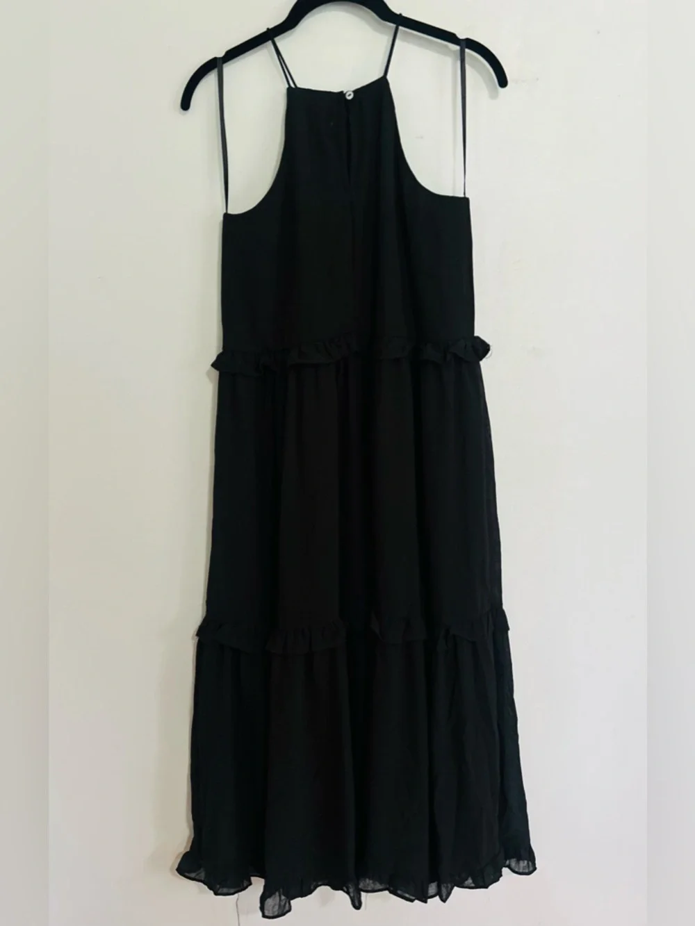 SHE + SKY Black Tiered Ruffle Midi Dress S Boho Minimalist Chic NWT Capsule
