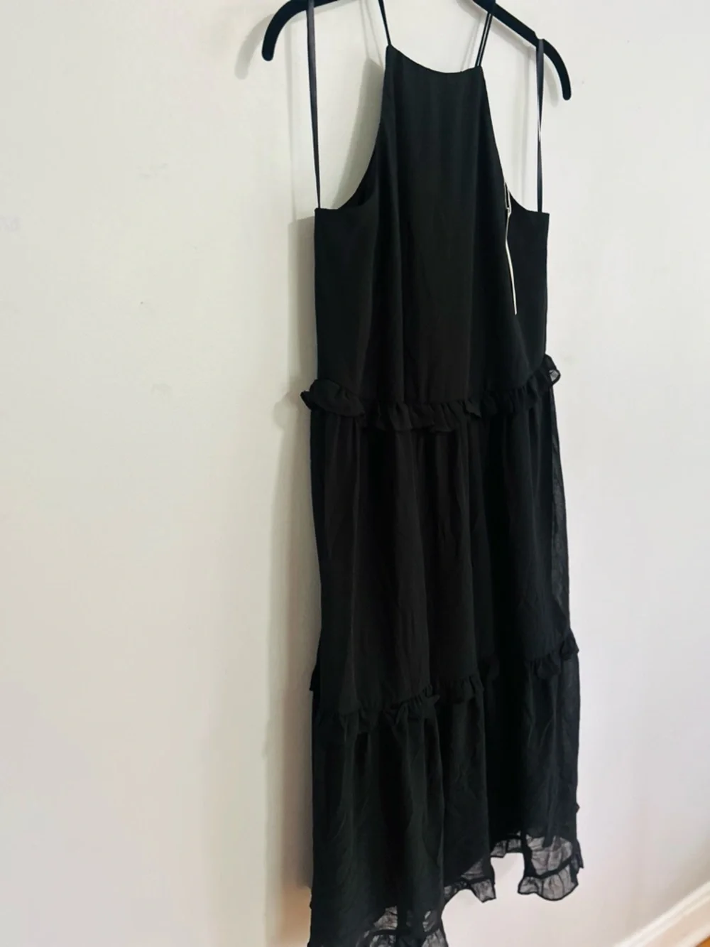 SHE + SKY Black Tiered Ruffle Midi Dress S Boho Minimalist Chic NWT Capsule