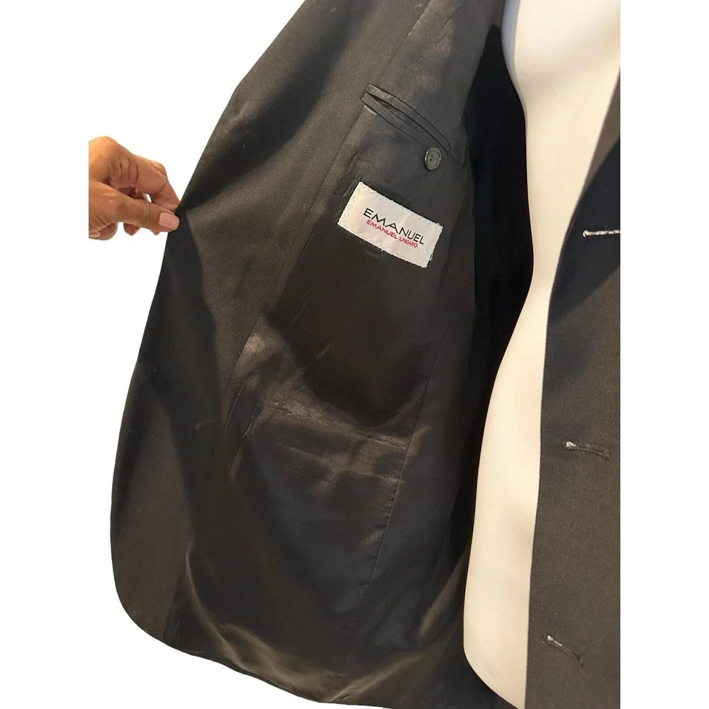 Emanuel Ungaro Mens Blazer Suit Coat Black Wool 44L Long Silver Tone‎ Buttons