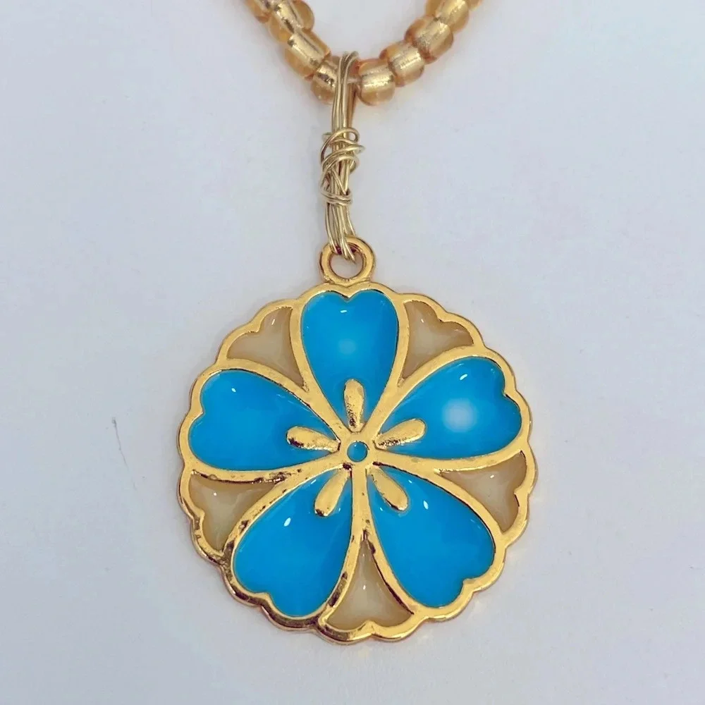 Handmade Blue Yellow Gold Resin Flower Necklace