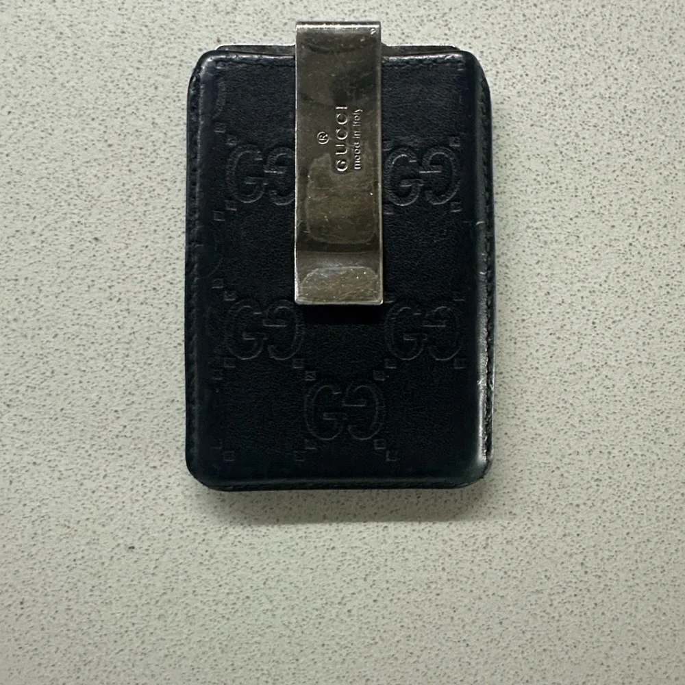 Gucci Black Embossed Leather Money Clip Card Holder with Metal Clip