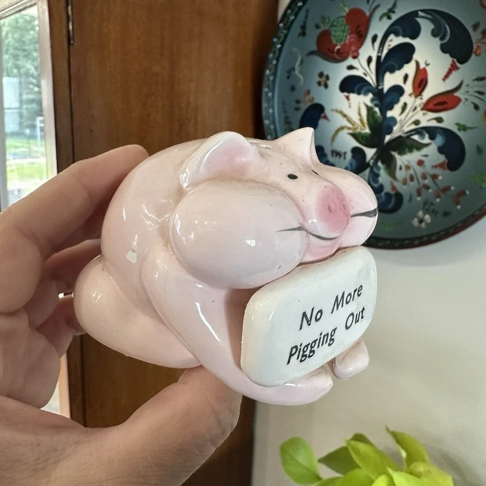 Pink White Ceramic Pig Figural Salt Shaker w/ Stopper 