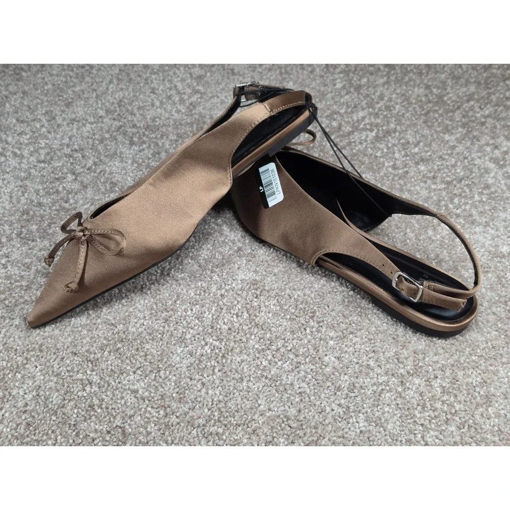 A New Day Camille Taupe Satin Pointed Toe Slingback Bow Flats Shoes Womens 8 NEW