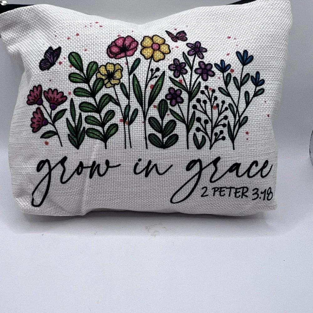 Makeup Bag Scripture 2 Peter 3:18 Grow in Grace Flower Pencil Pouch 9.5x7