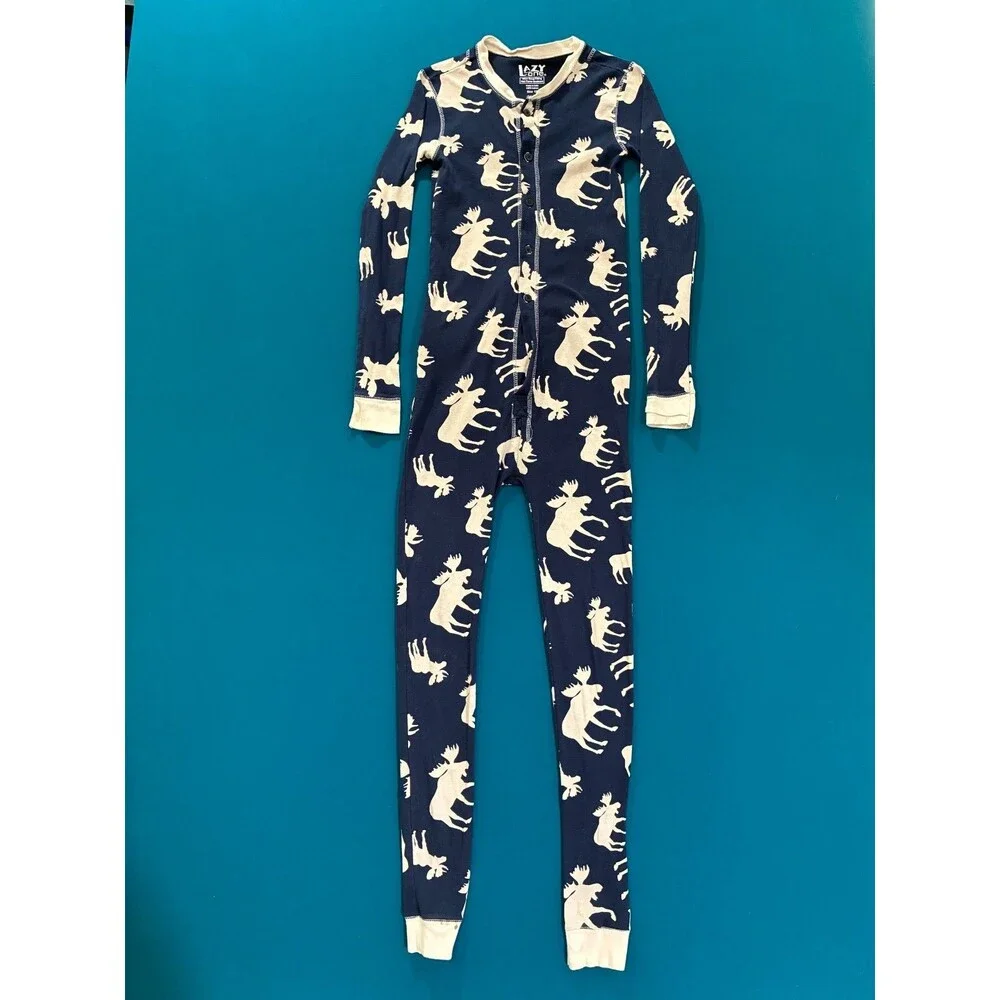 Lazy One Moose Print One-Piece Footless Pajamas Size 12 Drop Seat Jumpsuit