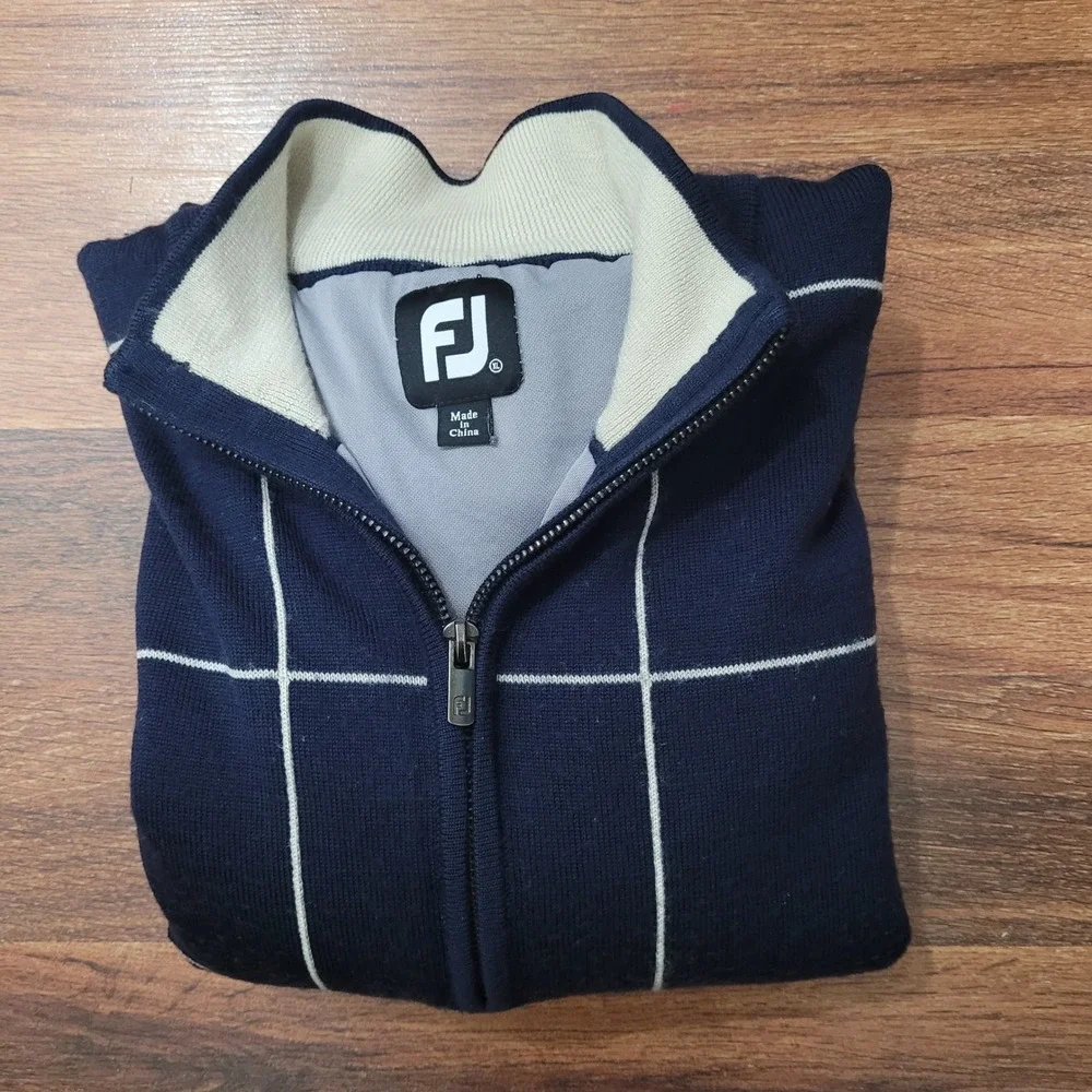 FootJoy Mens‎ Wool Full Zip Golf Sweater Navy Blue Windowpane Lined XLarge FJ