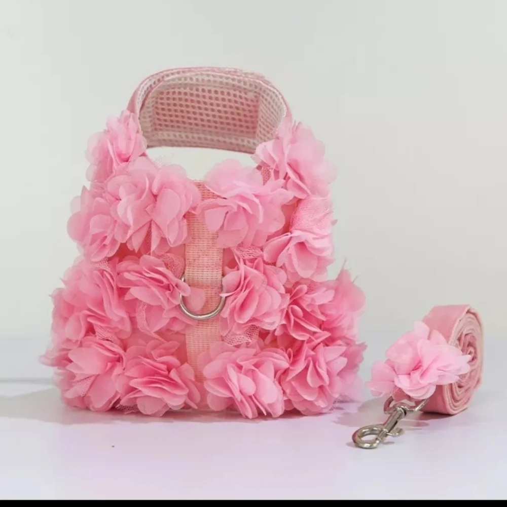 Pink ruffle dog harness and leash